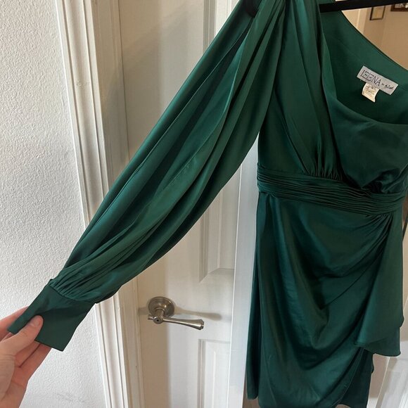 IEENA Mac Duggal SATIN ONE SLEEVED COCKTAIL DRESS Emerald Green Size 0 - Picture 2 of 6